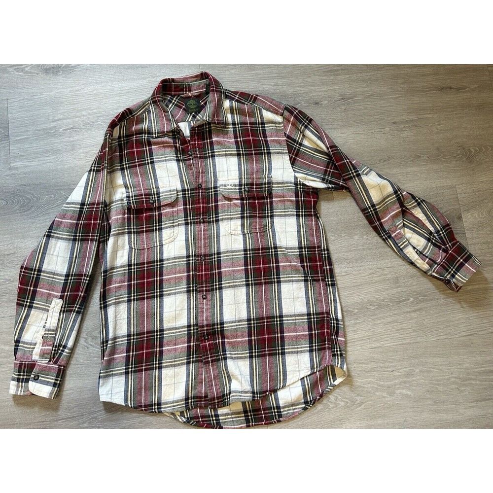 Timberland Fleece Shirt Men's Medium Red Plaid Button Up Long Sleeve Holiday